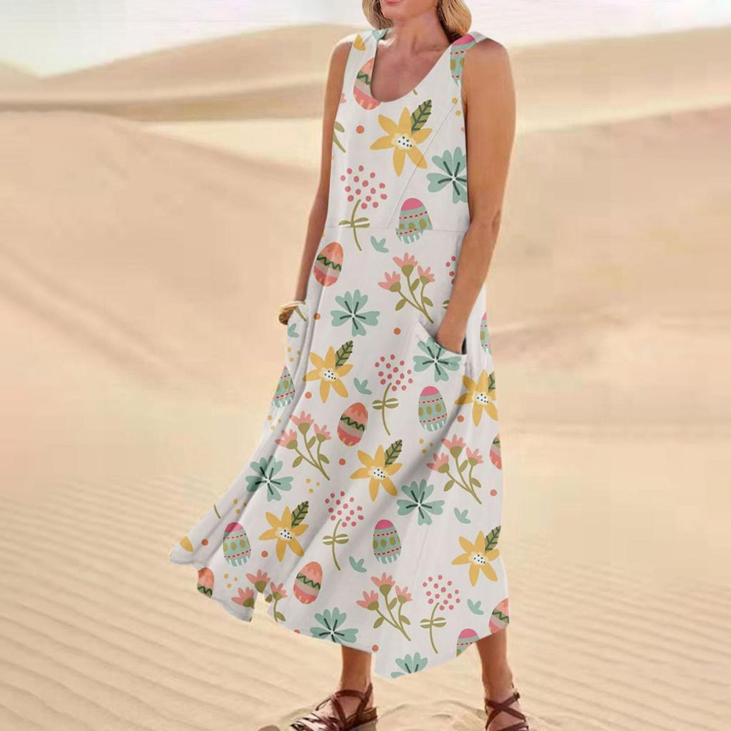 Women's Summer Casual Fashion Easter Printed Sleeveless Round Neck Pocket Dress
