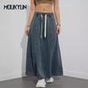 Elastic Waist Denim Swing Skirts Women Casual Long Skirt with American Design