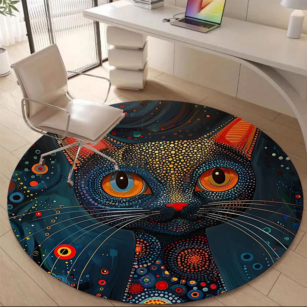 1PC Cat Abstract Office Round Area Rug, Indoor Mat Suitable ForOffice, Under Office Chairs Bedroom Living Room Home Decor, Room Deco, D011