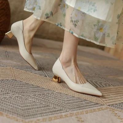Мода на каблуках среднего размера, формальная, сексуальная, с острым носком, женская обувь, бежевые туфли на блочном каблуке для женщин, квадратный каблук L, весна, корейский стиль, последние E