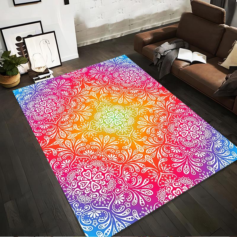 Rainbow Gradient Mandala Pattern Rug with Intricate White Designs Suitable for use as an anti-slip for living room bedroom sofas