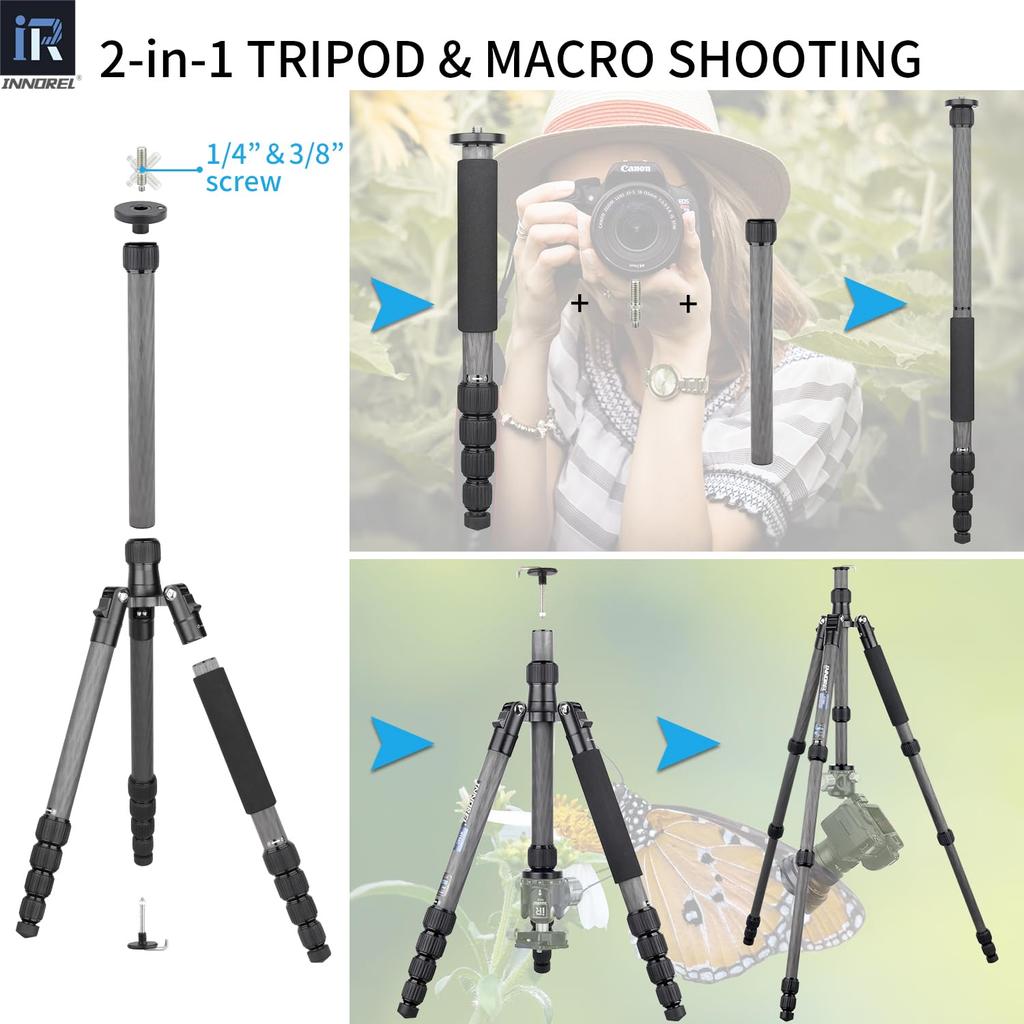 INNOREL Carbon Small and Medium Ultra Light Weight Capacity 5 Adjustable Tube Diameter Center Low Center of Nut Lock Digital SLR Digital Fireworks