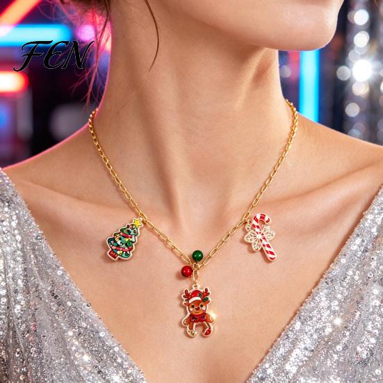 Decorative Holiday Jewelry Christmas Charms Necklace for Women, Cute Elk Tree Candy Cane Pendant with Bells, Festive Alloy Party Outfit Gingerbread
