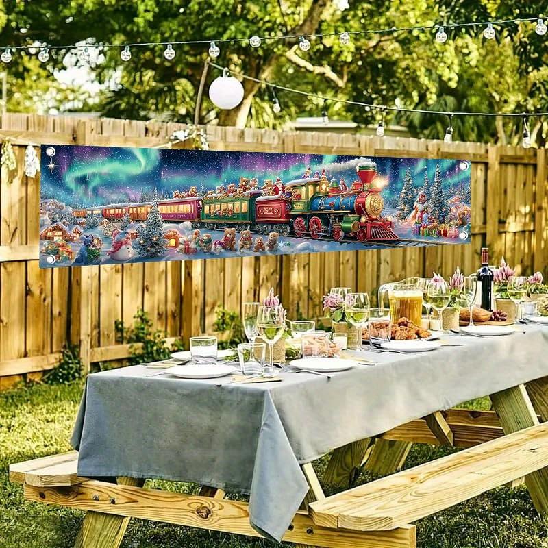 Winter Santa Claus & Train Christmas Outdoor Banner, Festive Garden Fence Porch Sign