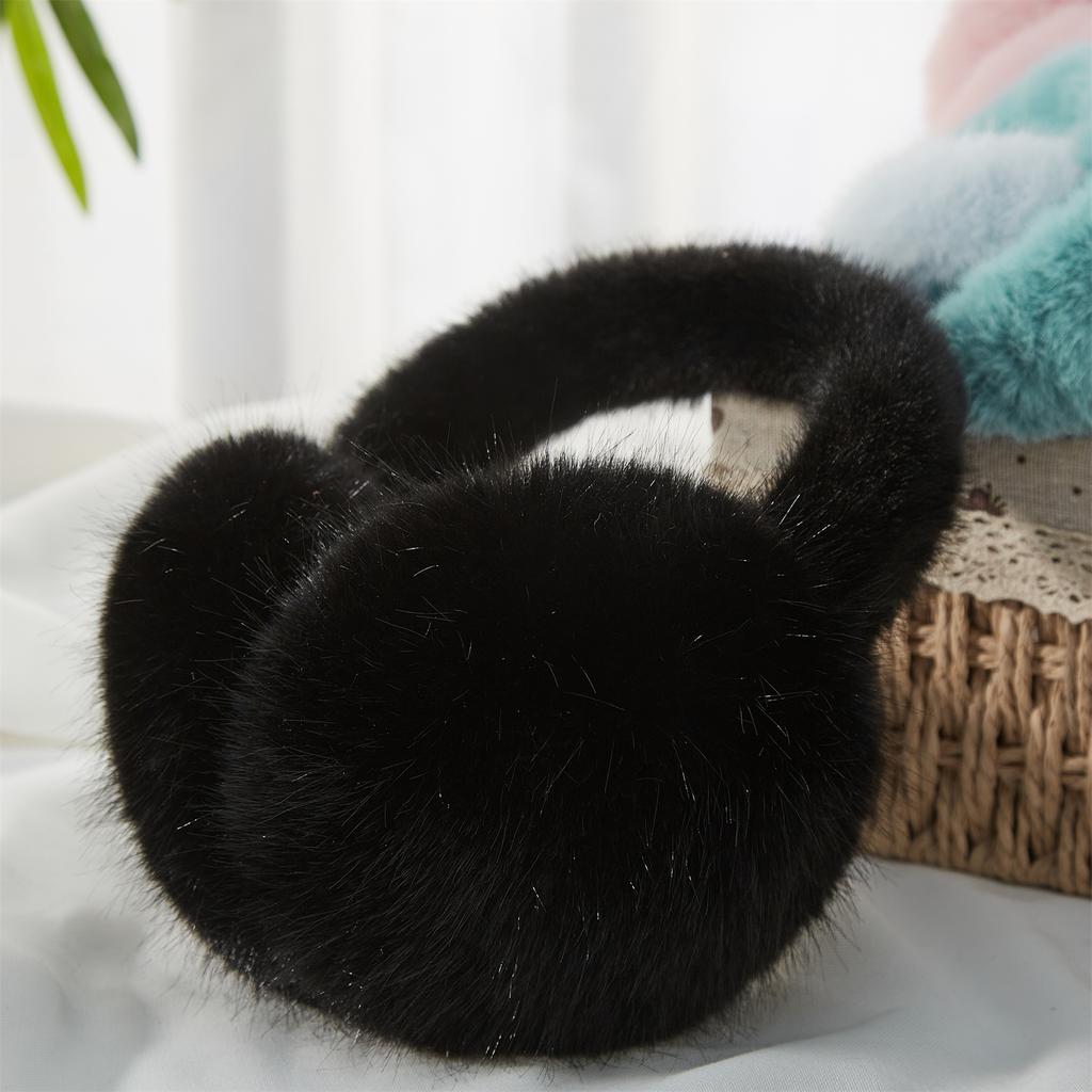 Foldable Earmuffs Winter New Fashion Simple Black Long Faux Rabbit Fur Earmuffs for Woman Man Christmas Party Gifts