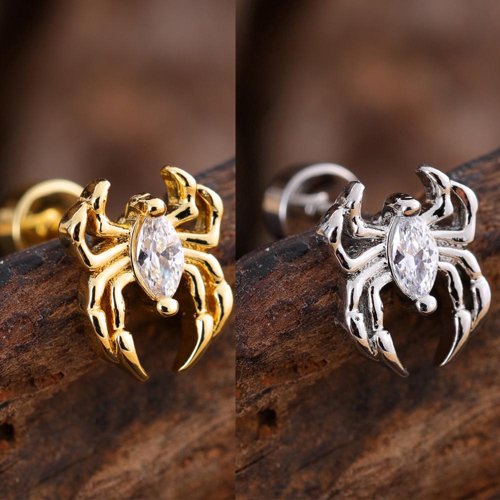 10 шт./набор 20G Золотая серьга-пирсинг хряща уха с CZ, серьга-пирсинг трагуса, дизайн медведя и паука, кольца-гвоздики для хеликса, пирсинг конч уха, ювелирные изделия из стали 316L
