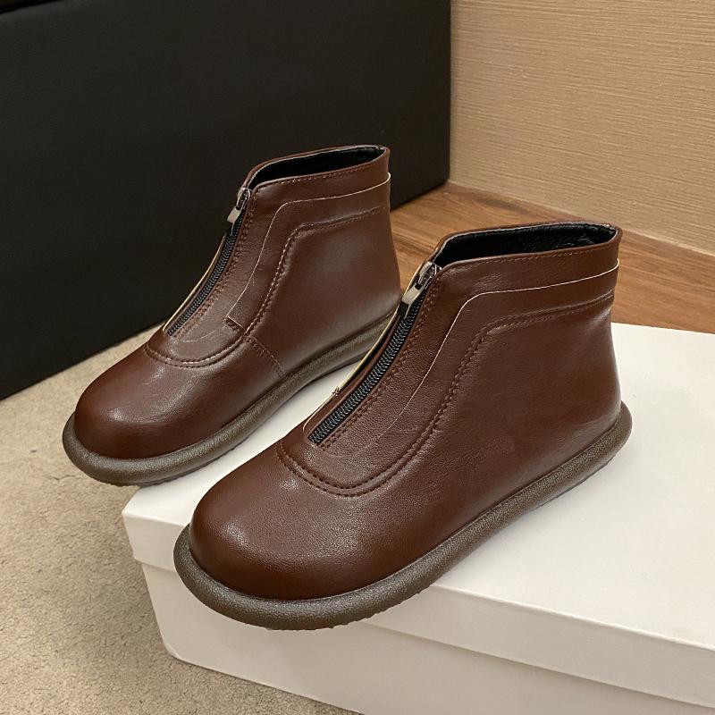 2024 Новые модные женские ботильоны на осень и зиму с застежкой-молнией спереди, удобные, с круглым носком, однотонные, на низком каблуке, модные ботинки
