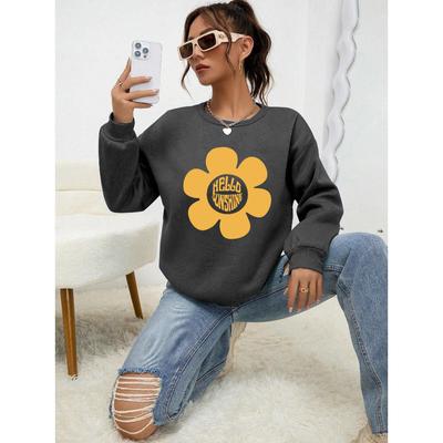 Hello Sunshine Big Yellow Flower Printed Hoodie Womens Autumn Casual Pullovers Fleece Simple Sweatshirt Crewneck Female Tops