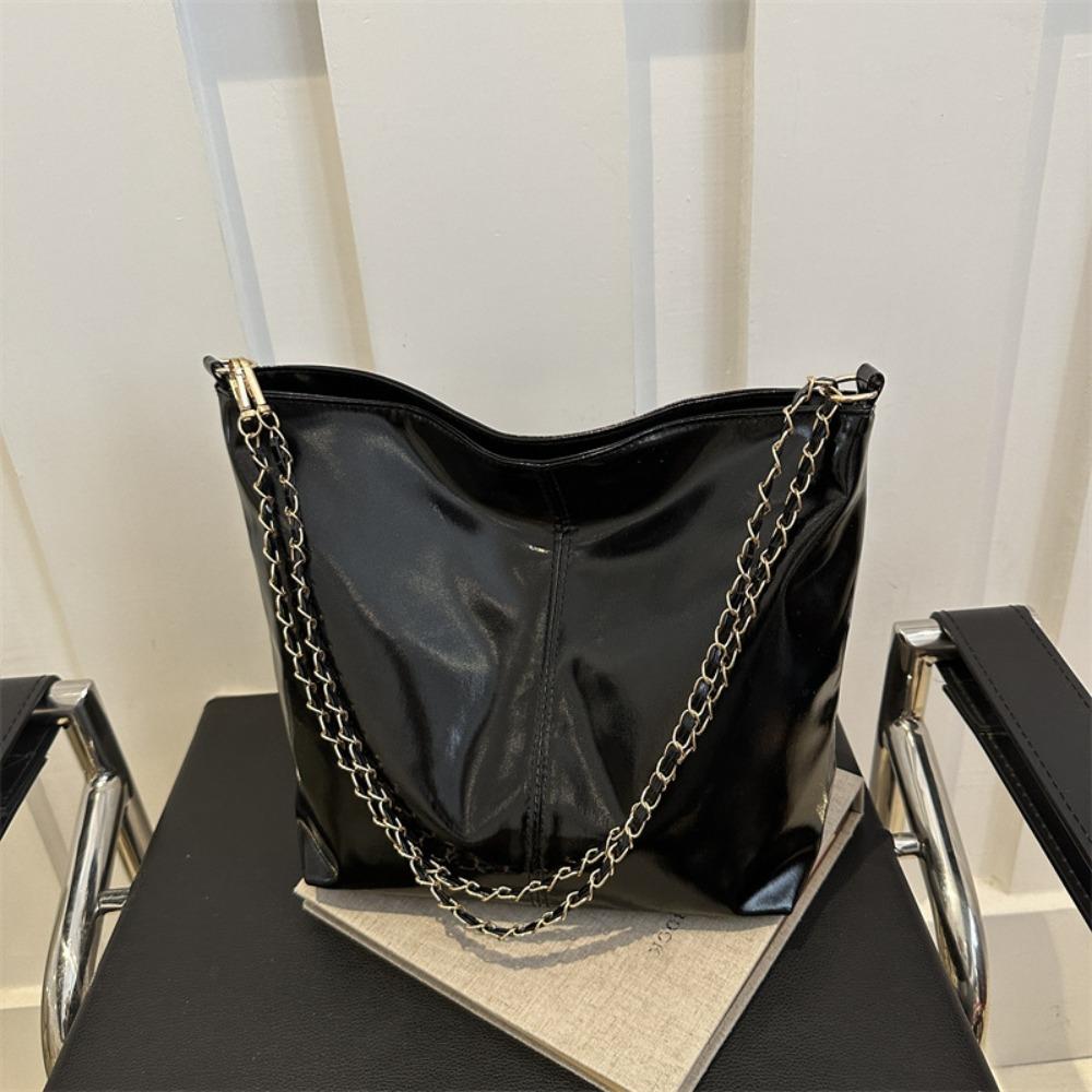 Large Capacity PU Leather Tote Bag Solid Color Women Handbag Retro Chain Shoulder Bag Party