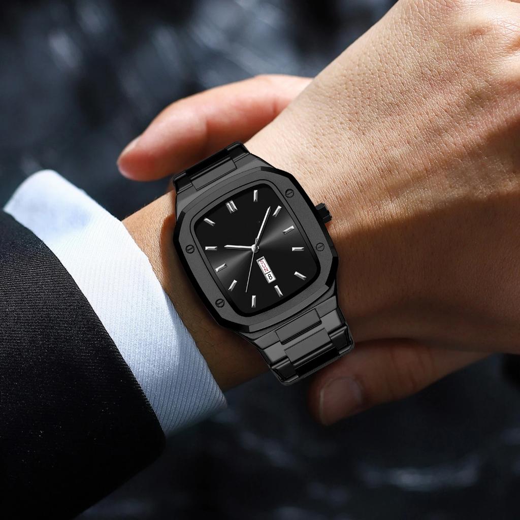 Men Square Stainless Steel Strap Watch Quartz Week Calendar Simulated Business Sports Wristwatch