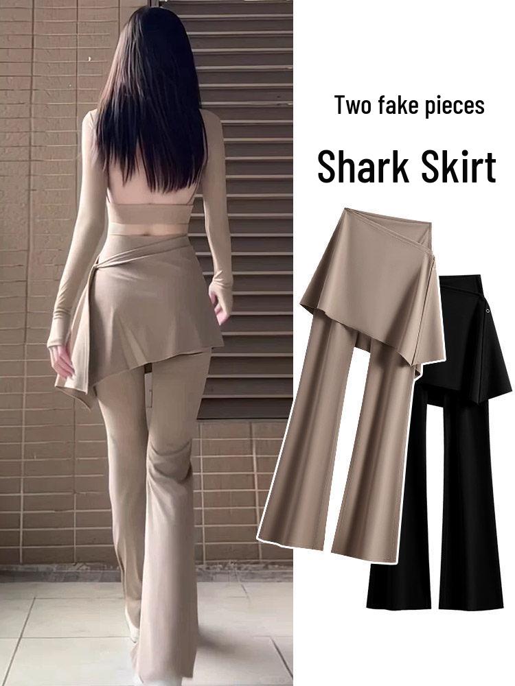 Двухсекционные йога-брюки с юбкой Shark Micro-Flare для женщин - Большой размер, Весна/Лето, Длинные, Тонкие, Базовый слой