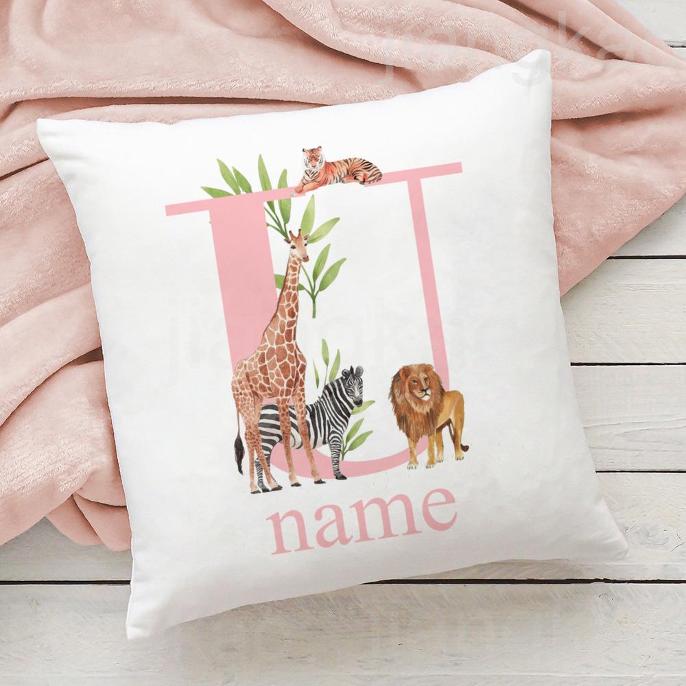 Personalized Pillow Case Initial with Name Safari Animal Pillow Cover Kids Bedroom Wild Party Decor Kids Birthday Shower Gift