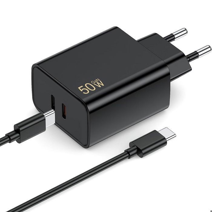 Chargeur Rapide 50W 2 Ports + Câble USB-C pour Samsung Galaxy S26 Ultra S25 S24 S23 Z Fold 8 - Noir