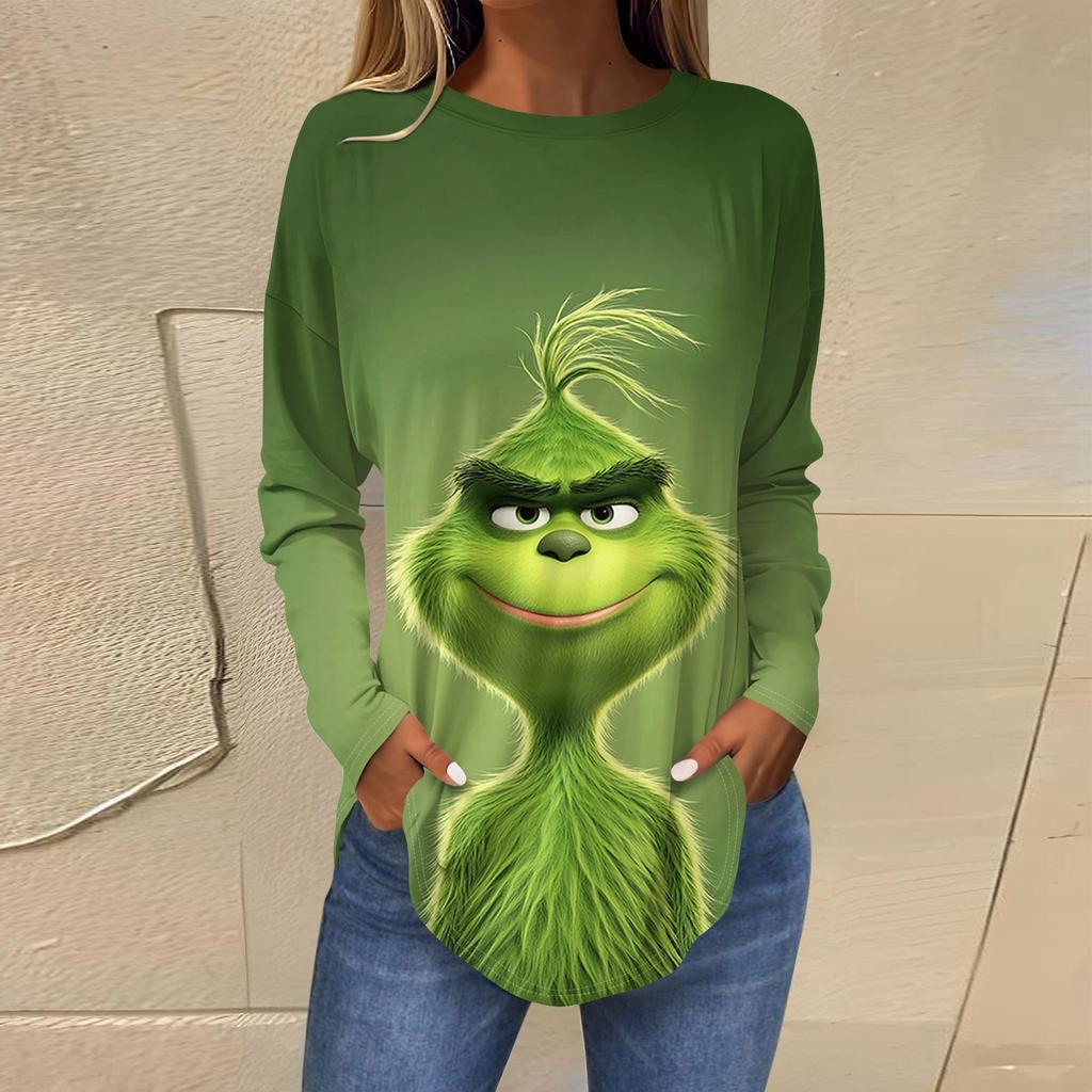 Женская свободная футболка с длинным рукавом с круглым вырезом и принтом, верхний пуловер