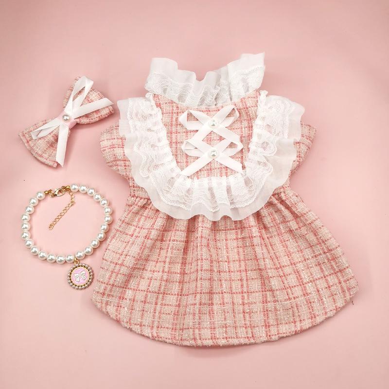INS Pet Dog Plaid Dress with Clip Hair Cute Colling Set Cat Clothing Spring Autumn Niche Lace Dress Dog Clothing for Small Dogs