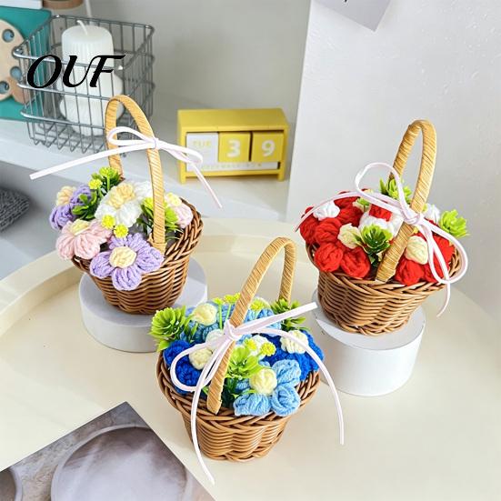Handcrafted Wool Crochet Flowers Hand Knitted Flower Basket, Decorative Mini Crocheted Floral with Handmade Woolen Decor Ribbon, Plant Ornament