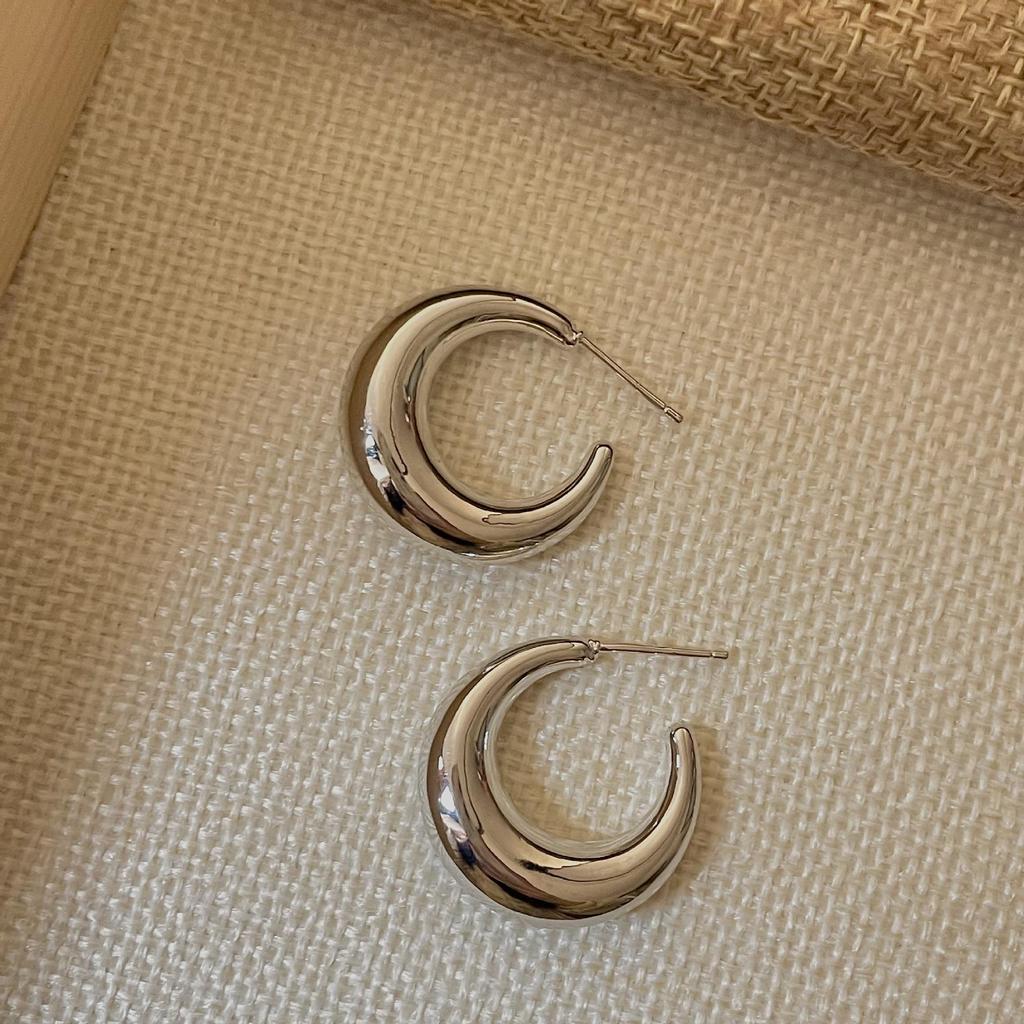 Элегантные большие металлические серьги в форме полумесяца и полукруга - Серебряная игла для женщин