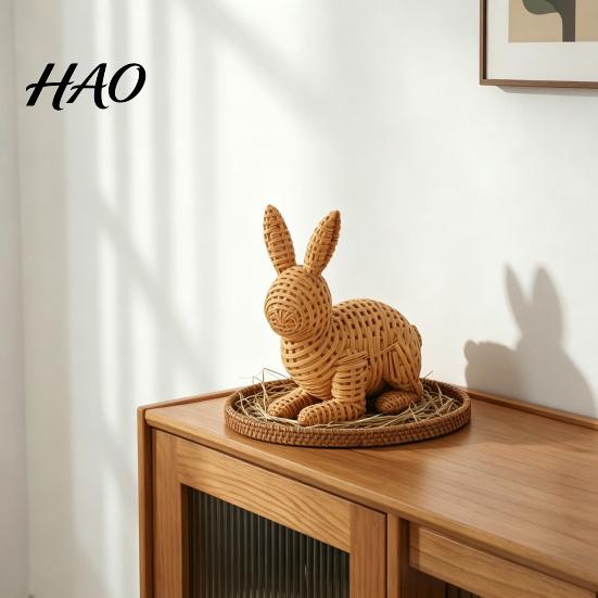 Tabletop Decorative Bunny 3D Printed Wicker?Look Figurine, Rattan Texture Rabbit Statue, Pastoral Style Statue Weather Resistant Ornament for Indoor