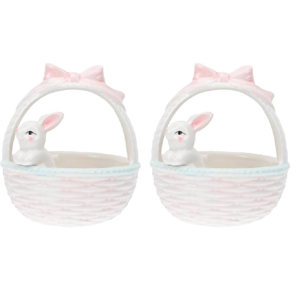 Пасхальная конфетница: 1 шт. Керамическая миска-кролик с ручкой, Розовый пасхальный кролик, Домашний декор, Корзина, Миска для конфет в виде кролика, Фигурка кролика, Ландшафтное украшение для