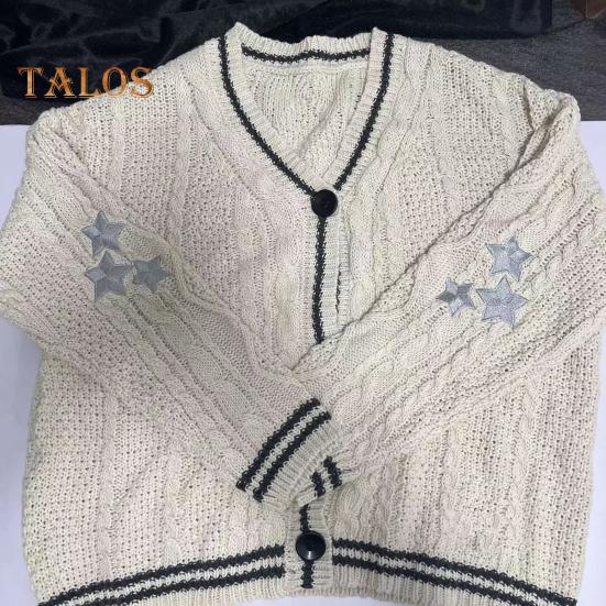 Женский свитер, пальто с V-образным вырезом, длинный рукав, однобортный вязаный кардиган, пэчворк, цветная вышивка, узор в виде звезды, свободный крой, трикотаж