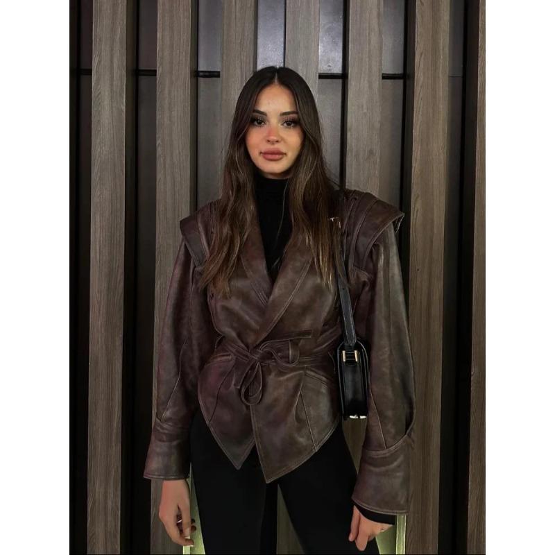 Fashion Solid Pu Leather Women Motorcycle Jacket Chic Lapel Long Sleeve Slim Short Coat With Belt Autumn Lady High Street Tops