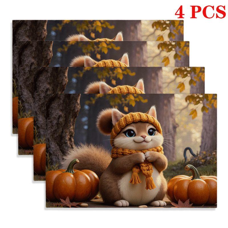4pcs/6pcs Rectangular Placemats Suitable for Home & Restaurants - Cute Squirrel Winter Table Mats with Hat & Scarf Design, Heat-Resistant Durable Tabl