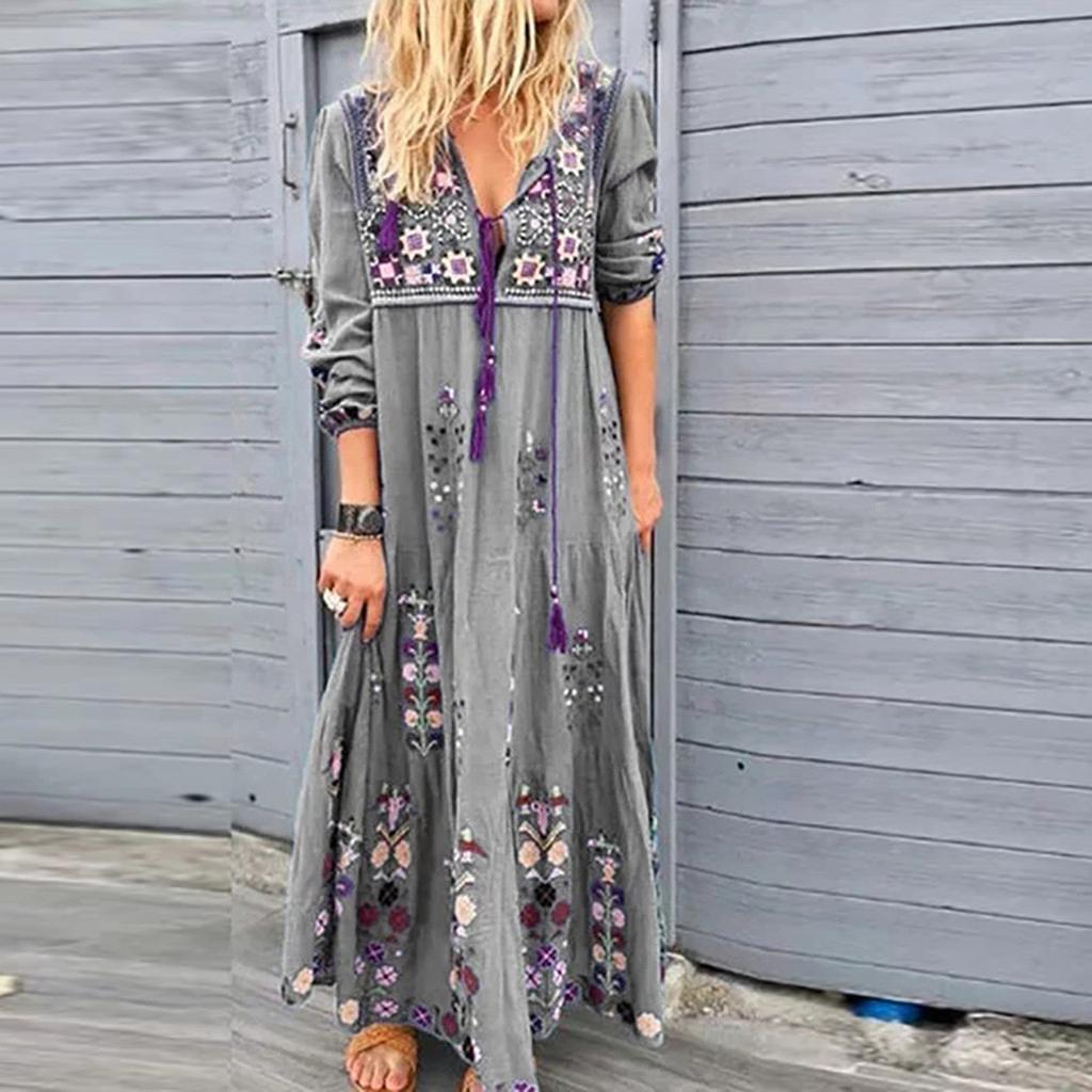 Women Plus Size V Neck Print  Long Sleeve Boho Dress Party Maxi Dress