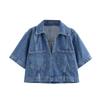 Blue Denim Short Sleeve Cropped Women Summer Short Women's Blouse