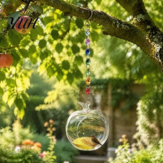 Transparent Glass Bird Feeder Fruit Feeder, Clear Pear with Metal Outdoor Food Dispenser Hanging Chain, Decorative Wild for Garden Patio Backyard