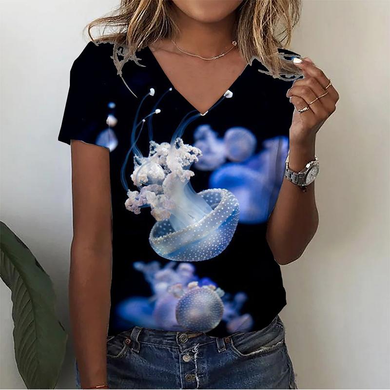 Summer V-neck 3D Infauna Printed Top Fashionable Casual Short Sleeved Women's T-shirts