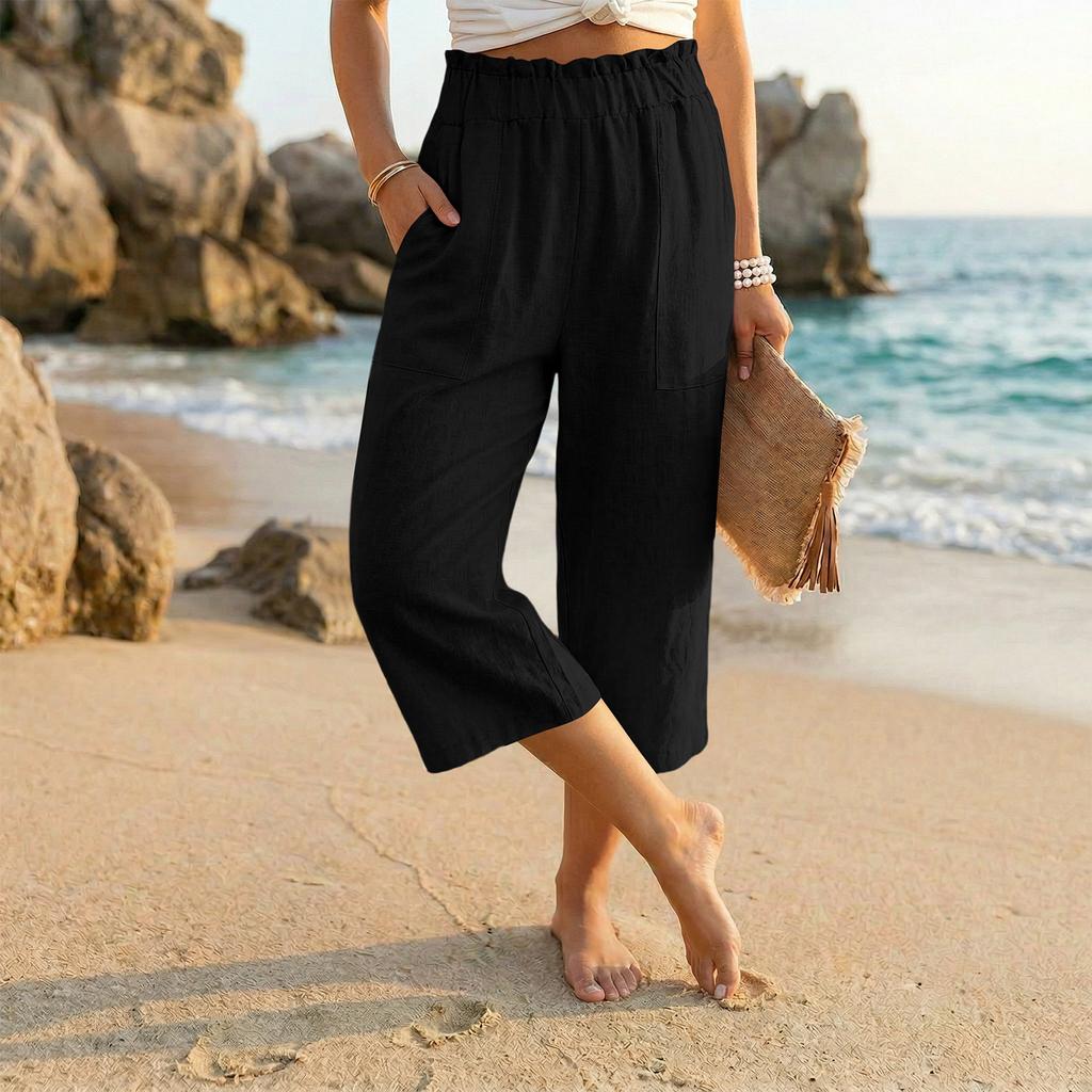 Womens Baggy Cotton Linen Pants Elastic Waist Casual Loose Summer Beach Vacation Pants