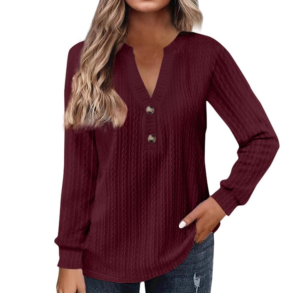 Autumn and Winter Women's Long Sleeved Solid Color V-neck Button T-shirt Top
