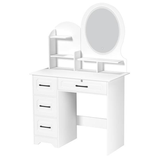 Home Vanity Desk Makeup with Mirror, Large Storage Shelves, 4 Drawers, Table Light, Bedroom Dressing