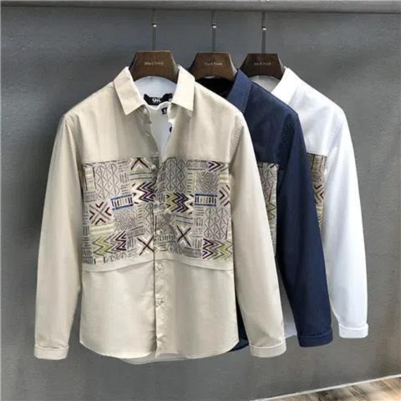Japanese 2024 Men's New Patchwork Square Collar Button Printing Geometric Fashion Loose Minimalist Casual Long Sleeved Shirts