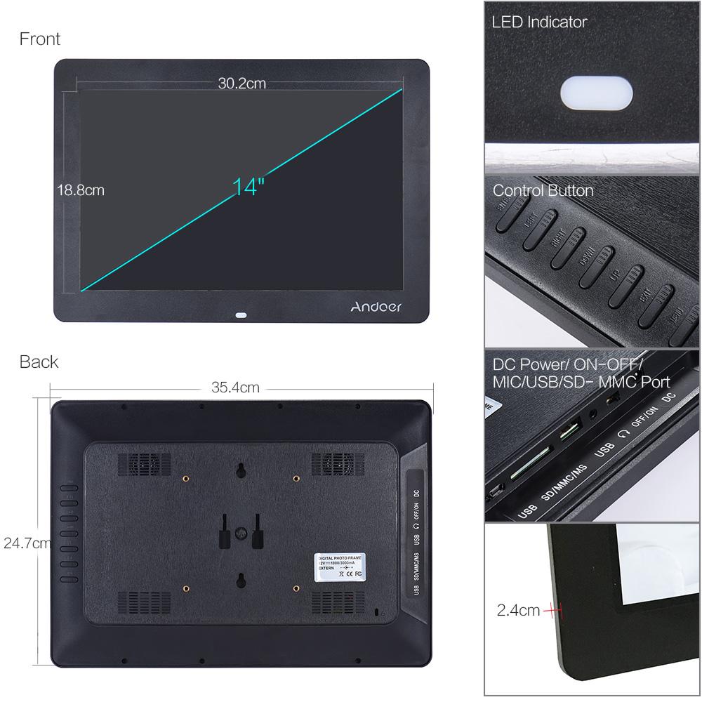 Andoer 14" Wide Screen HD LED Digital Picture Frame Digital Album High Resolution 1280*800