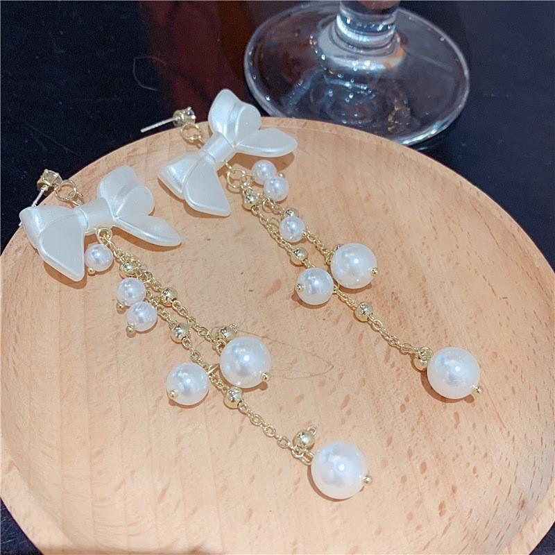 Pearl Bow Long Tassel Earrings