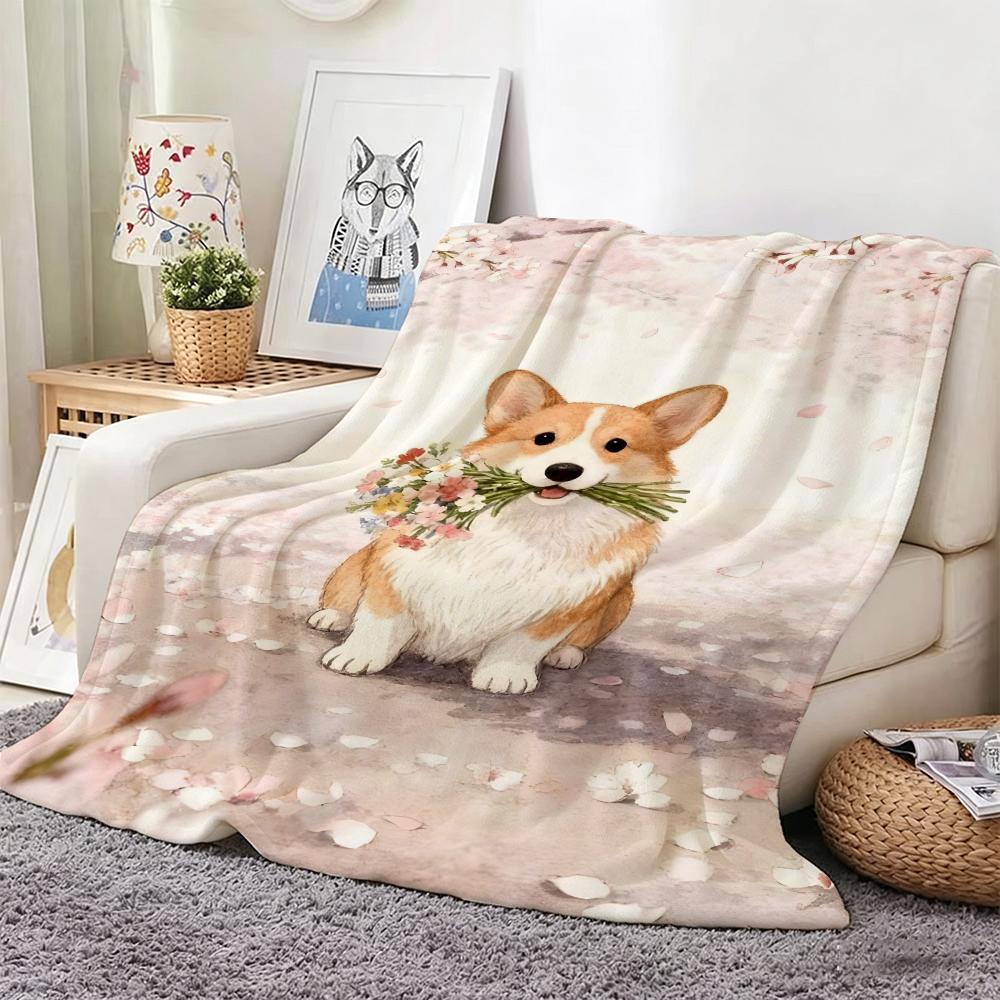 Cute Cartoon Calming Anima Corgi Throw Lightweight 240g Flannel Blanket Soft Skin-friendly for Summer Cooling