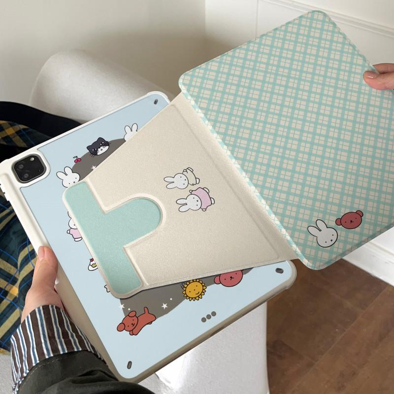 Miffy Rabbit Plaid Tablet Case With Rotating Stand Stylus Slot IPad Mini 6/7 8.3 Air 10.9/11 Pro 11/13 9.7/10.2/10.5 Inch