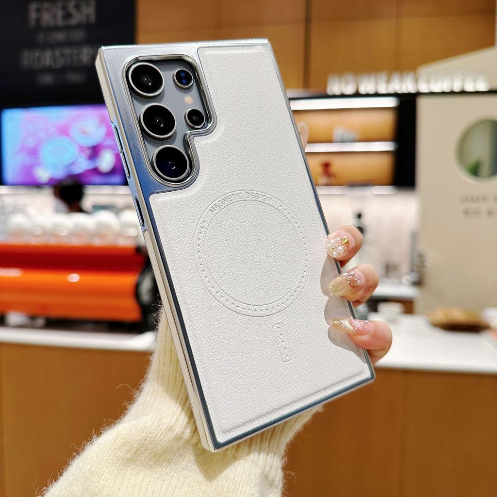 Samsung S25 Ultra Гальванизированный Кожаный Узор Магнитный Чехол для Телефона Samsung S24 Ultra Противоударный и Противоскользящий Чехол с Ощущением Кожи