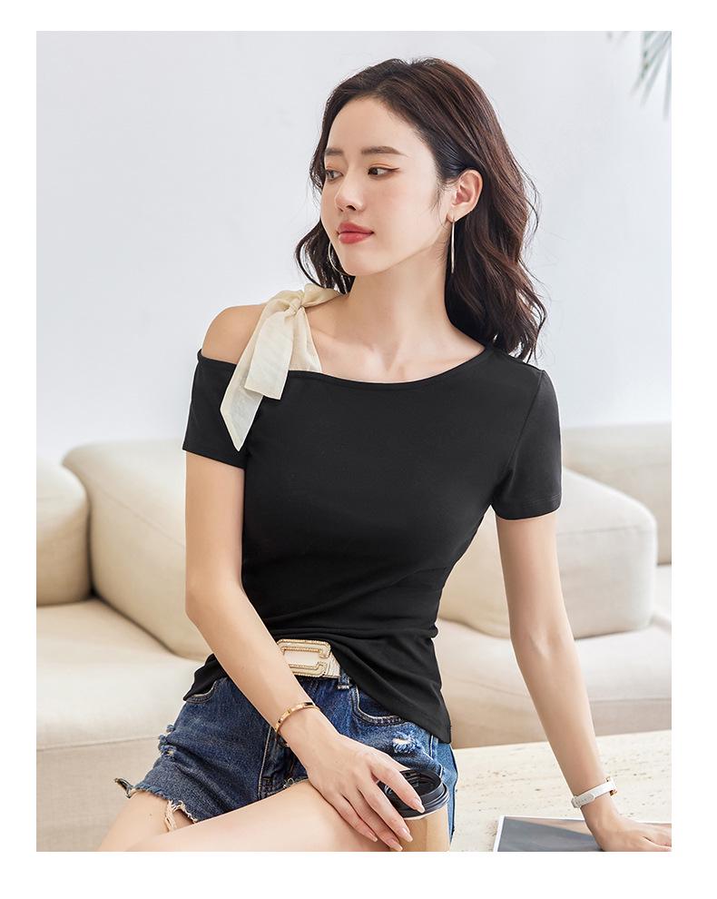 2025 Sexy Korean Off-the-Shoulder Slimming T-Shirt - Women's Cotton Short Sleeve Top