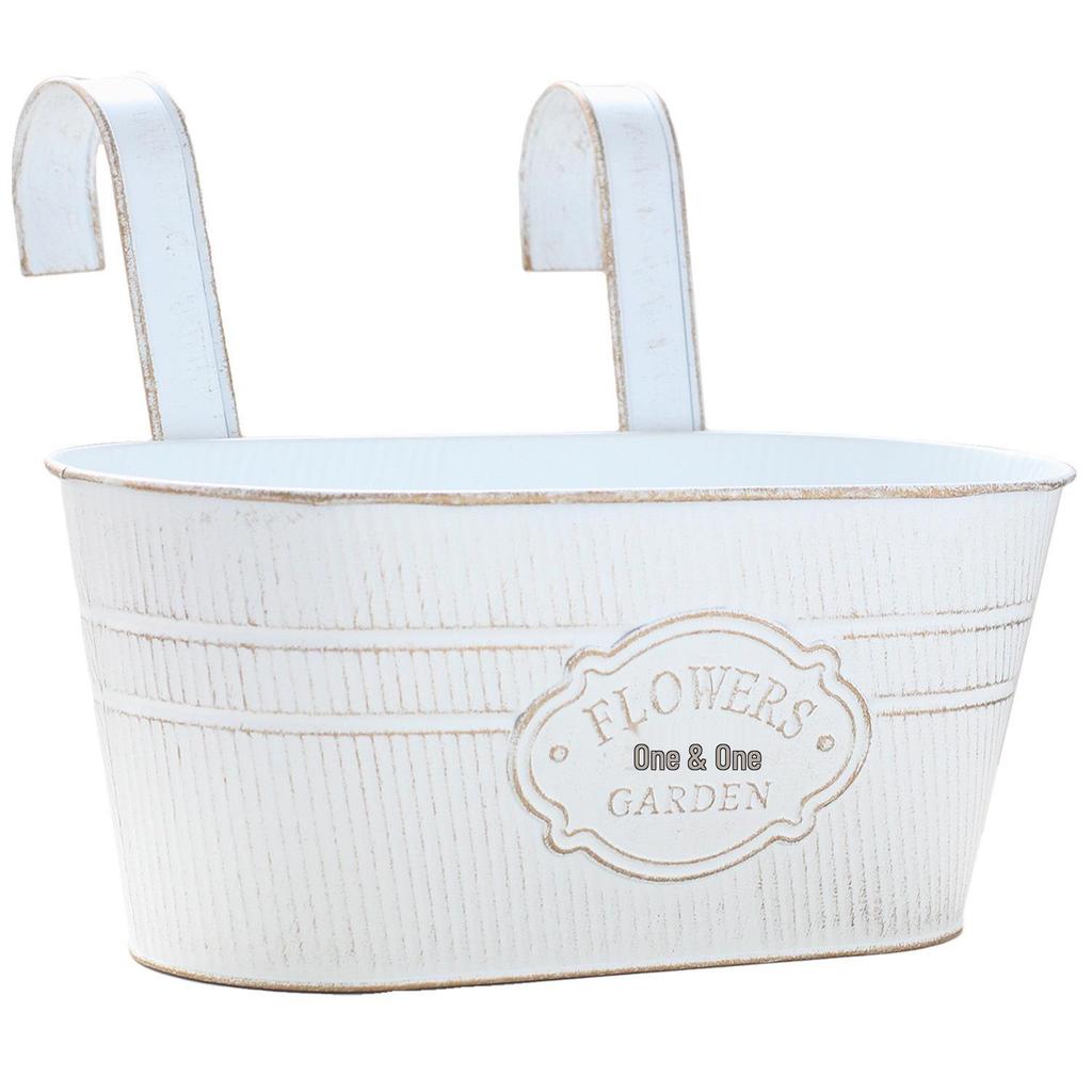 Vintage Distressed Oval Tin Flower Pot with Double Detachable Hooks