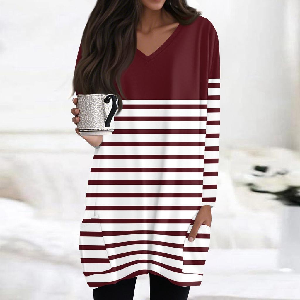 Womens Tops V-neck Long Sleeve Blouses Casual Mid-length Shirts Fashion Print Tunic Tops With Pockets