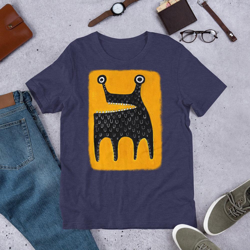 Weird Abstract Monster Folk Art Graphic T Shirt Yellow Background Primitive Cartoon Creature Painting Unisex Casual Cotton Short
