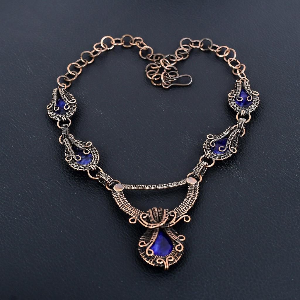 Ожерелье с синим сапфиром, Ожерелье из драгоценных камней ручной работы, Ожерелье, обернутое медной проволокой 999 пробы, Антикварное украшение, Для подарка на помолвку