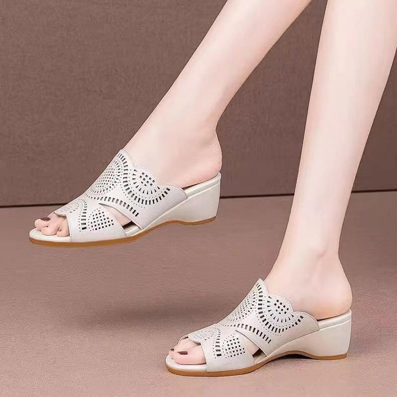 Fashion FHC 2024 New Women Mid Heels Slippers,Wedges Slides,Hollow Out Summer Shoes for Mum,Open Toe,Soft Bottom,Slip On,Beige,Dropship