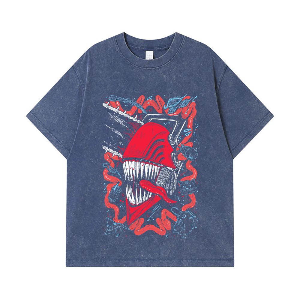 275 GSM Washed T-shirts 100% Cotton Chainsaw Man V29 Denji Print Unisex Heavy Cotton T Shirt