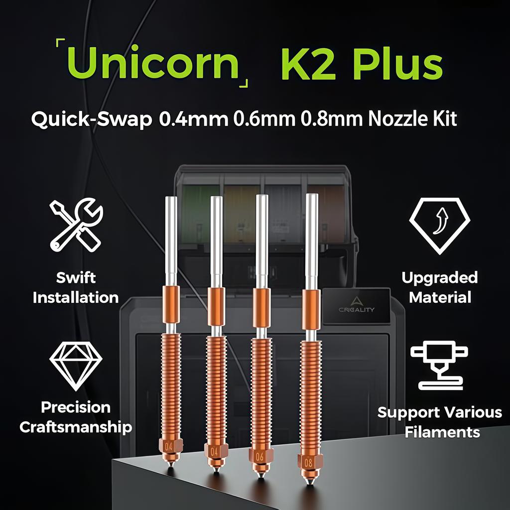 Original Creality Hi/K2/K2 Pro/K2 Plus Unicorn Quick-Swap Nozzle Kit,High-Flow Steel-Tip Copper Nozzles &Titanium Alloy Heatsink