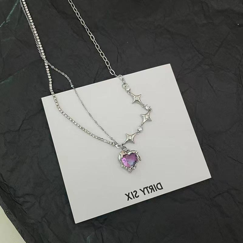 Purple Heart Necklace Gradient Pendant For Women Crystal Love Clavicle Chain Light Luxury Girls Jewelry Trendy Accessories