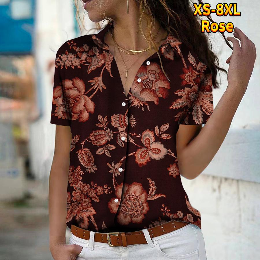 Лето 2025 Новая Мода Женская Блузка с Коротким Рукавом и V-образным Вырезом на Пуговицах с Цветочным Принтом