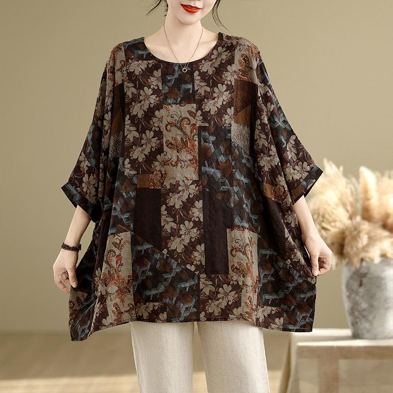 Летняя свободная футболка с круглым вырезом и рукавом три четверти